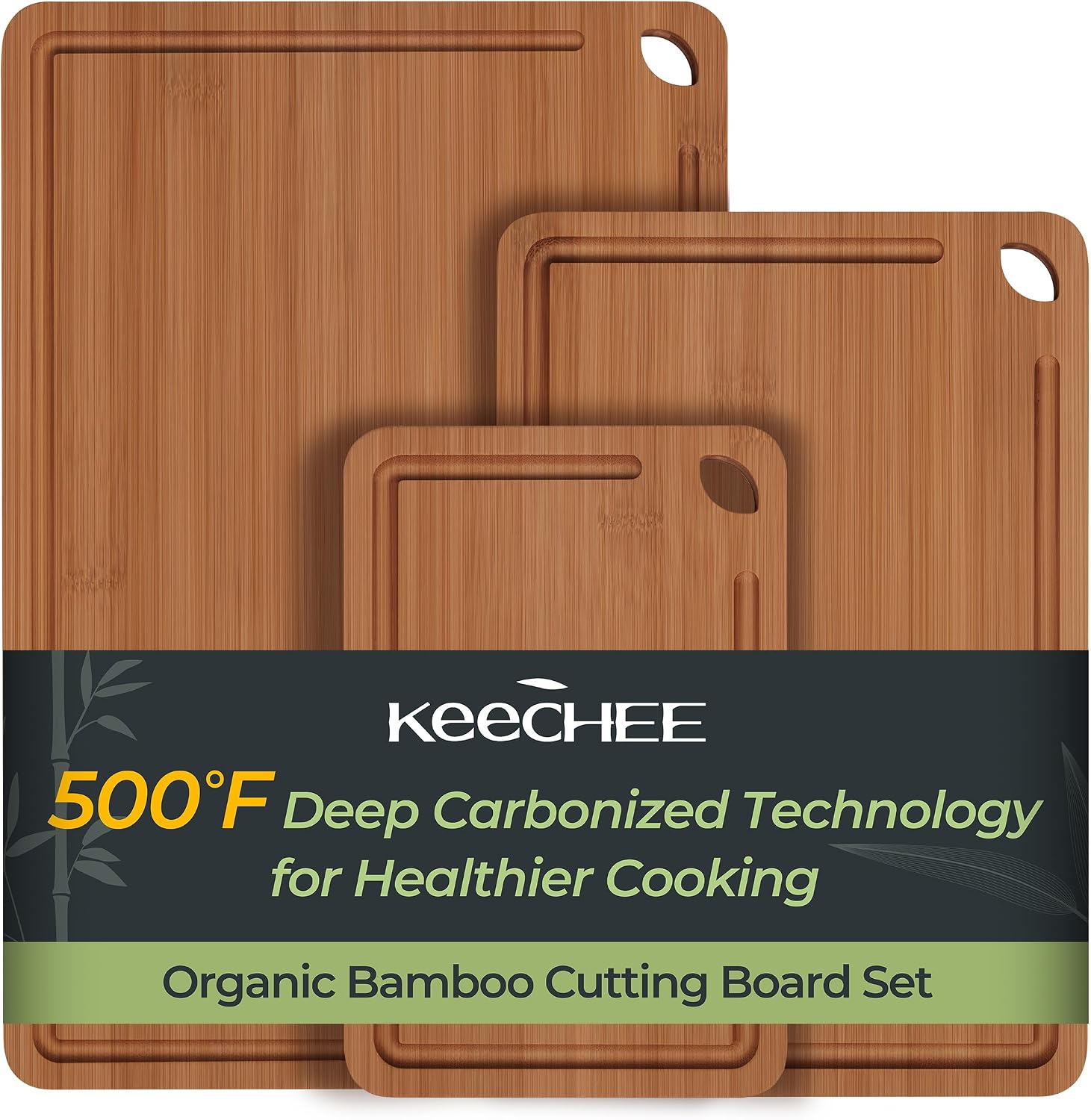 Organic bamboo cutting board set, 3 nested sizes with juice grooves