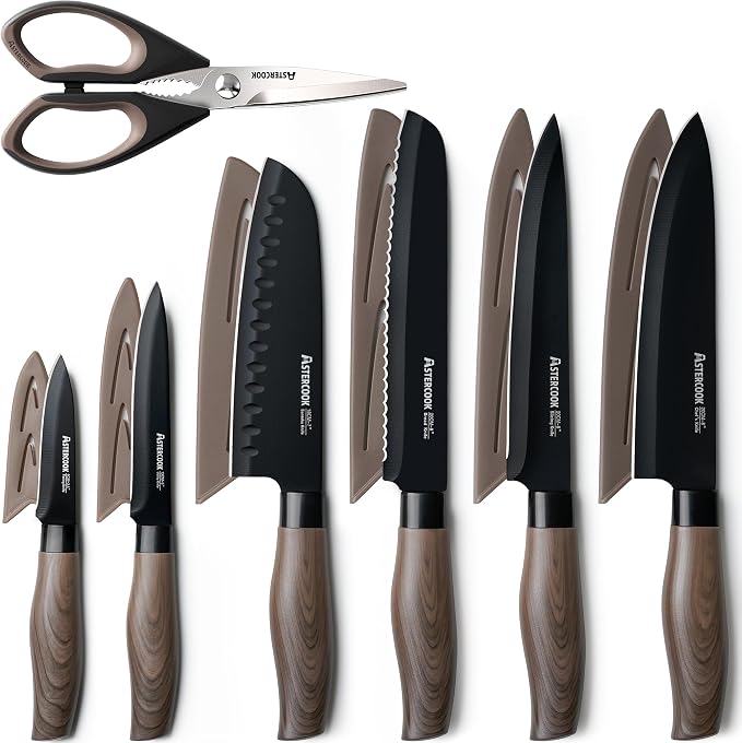 6-piece chef knife set with protective sheaths and kitchen scissors