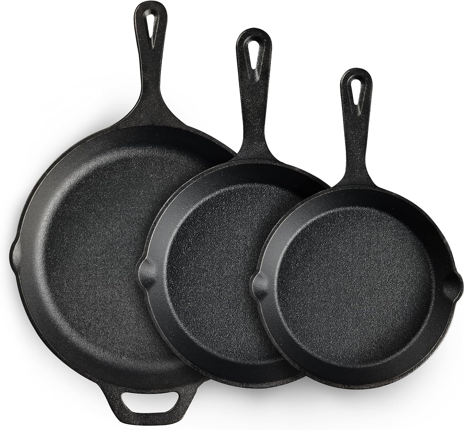 Cast Iron Skillet Set, 3 pieces — 8, 10 and 12 inch pre-seasoned skillets